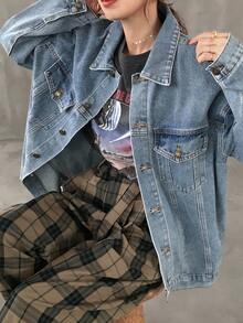 FRIFUL 女式休闲宽松落肩长袖单排扣牛仔夹克，秋季 - 藍色 - 查看 5