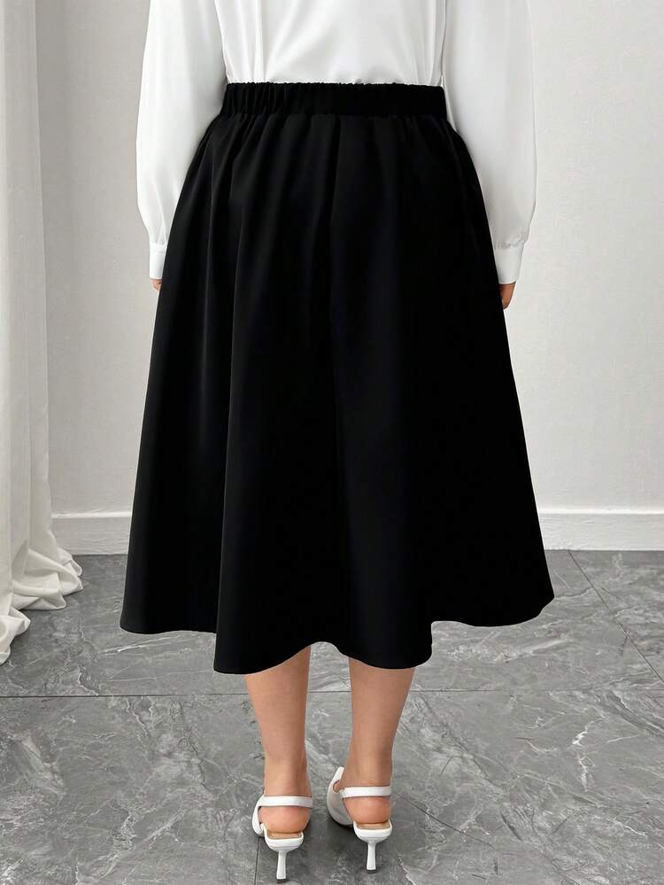 Elenzga 大码女式休闲简约色块修边半身裙 - 黑色 - 查看 2