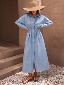 EURMUSE Casual Style Effortless, Linen Look Button Through And Drawstring Belt Detailed Maxi Shirt Dress - Blue - View 4