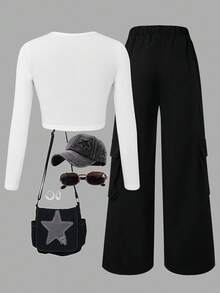 SHEIN Explorewe Áo họa tiết ngôi sao cho bé gái tuổi mới lớn kèm quần Cargo nhiều túi, trang phục thường ngày 2 món - trắng - Xem 2