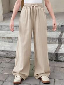 SHEIN Tween Girls' Casual Solid Lotus Root Pink Textured Fabric Drawstring Bow Palazzo Pants Wide Leg Linen Pants Wide Leg Pants Loose Pants Baggy Pants Girl Wide Leg Pants Khaki Girl Pants Khaki Pants Pants Baggy Teen Fall Winter - Apricot - View 5