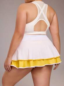 Rhythm Era 女式撞色口袋 A 字褶皱波浪休闲运动日常网球加大码短裙，春夏 - 白色 - 查看 2