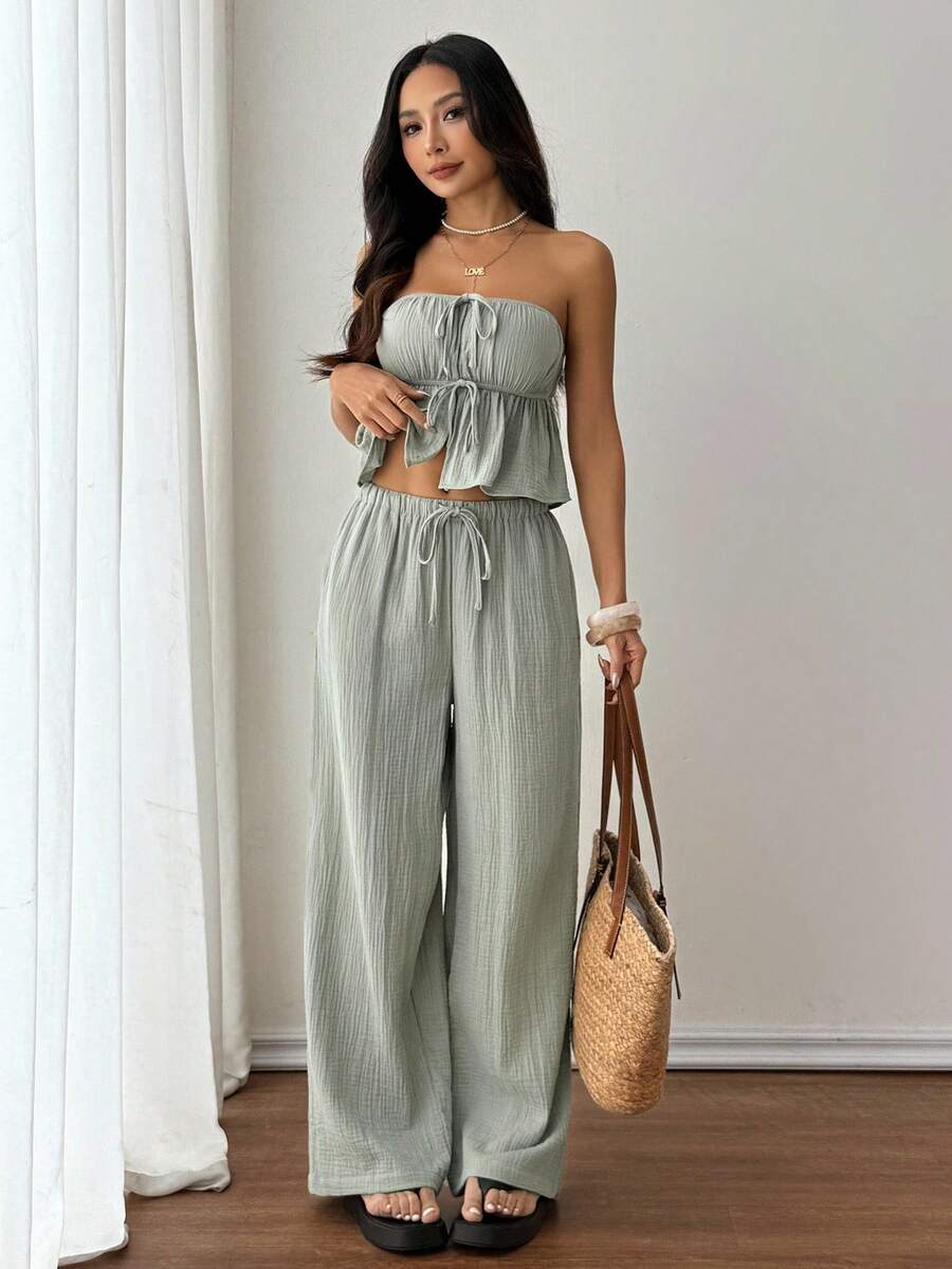 SHEIN PETITE Petite Green Woven 女士休闲套装，抹胸上衣+裤子，适合假日休闲 - 綠色 - 查看 1