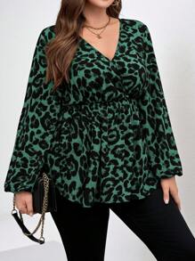 SHEIN Clasi Plus Size Leopard Print V-Neck Long Sleeve Fitted Shirt