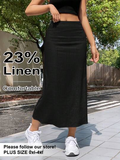 SHEIN EZwear Plus Size Women's Solid Color Black Minimalist Casual Skirt,Fall,Linen