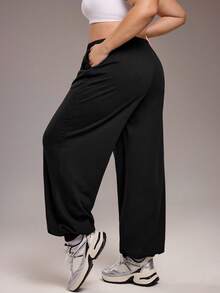 Rhythm Era 女式保暖内衬运动裤，带口袋，宽松直筒裤，松紧腰和脚踝，日常休闲慢跑裤，加大码宽松裤，健身裤，宽松松紧腰裤，舞蹈工作室裤，黑色裤子，瑜伽裤 - 黑色 - 查看 2