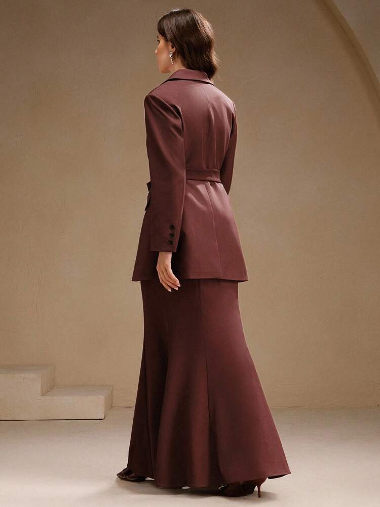 Office Lady Brown Elegant Suit Set, Long Sleeve Jacket And Mermaid Maxi Skirt, Autumn/Winter