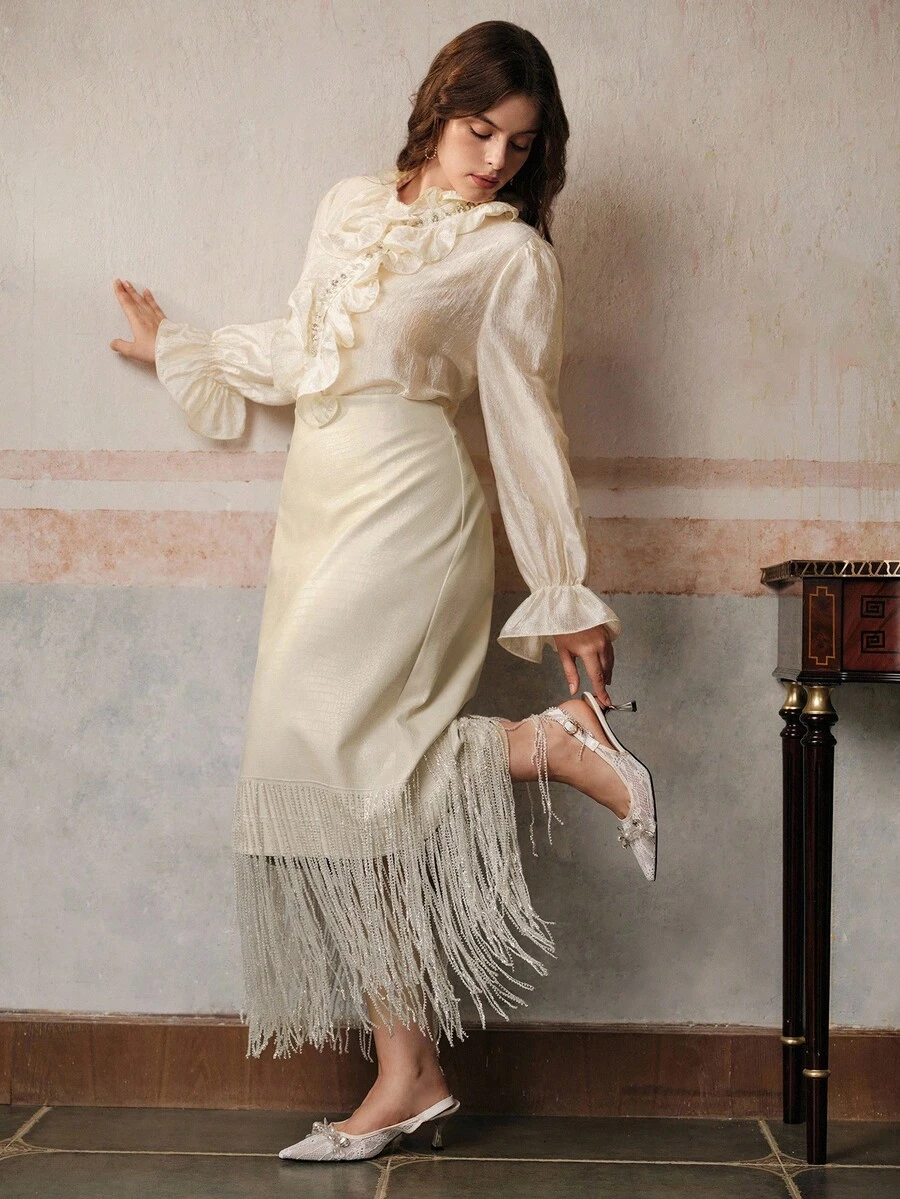 Anewsta 大码女式优雅圣诞派对 PU 皮革串珠流苏修身直筒裙 - 杏色 - 查看 1