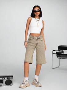 RueChic Women Y2K Style Solid Color Denim Shorts, Fashionable For Summer Women Summer Clothing Women S Clothes Women Clothing Y2k Women Summer Sets Women Plus Clothing Shorts - Beige - View 5