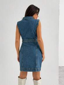 EURMUSE WOMEN Casual Denim Button Front Dress - Medium Wash - View 2
