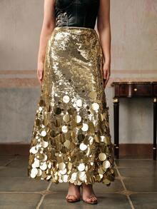 Anewsta 女士优雅串珠缀饰半身裙 - 金色 - 查看 2