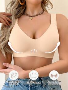 SHEIN 1 pieza Sujetador cómodo y casual de estilo minimalista, de unicolor, con costuras invisibles, tirantes ajustables, con soporte y almohadillas desmontables, sin aros para mujeres - Albaricoque - Ver 1