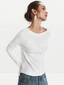 Lumivelle Women's Elegant Fashion Minimalist Versatile Fitted Crew Neck Textured Ruffle Collar Cardigan Sweater, Autumn/Winter Fall Cloth For Women - White - View 4