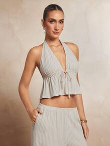 L'Amorae 女士亚麻条纹荷叶边露背上衣