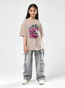 SUMWON Oversized Drift Racers Cotton T-Shirt For Car Graphic Print Racing Checkered Flag Pink Design Vintage Street Style Casual Summer Tween Teen Daily Wear - Pink - View 4