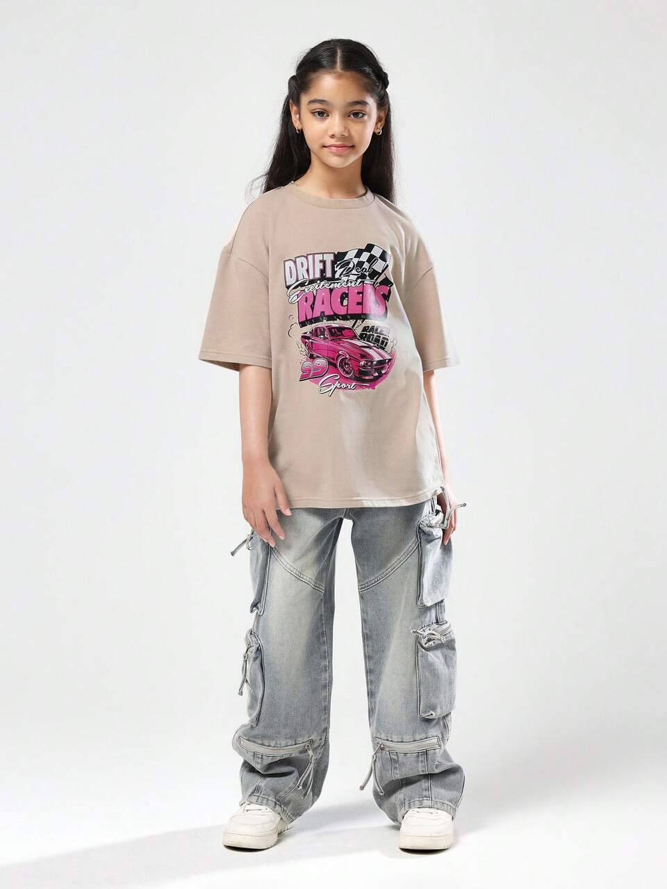 Oversized Cotton T-Shirt With Drift Car Print