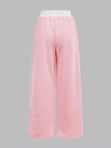 SHEIN Quần nỉ dệt kim màu hồng nhạt có dây rút tương phản, dáng rộng thoải mái, phong cách học viện thể thao cổ điển, thường ngày cho nữ sinh trung học - Màu Hồng baby - Xem 2