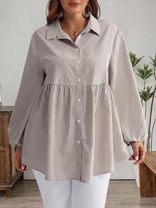 EMERY ROSE 大码冬季女式休闲条纹灯笼袖衬衫，秋季度假女装/女士秋季度假装 - 棕色 - 查看 1