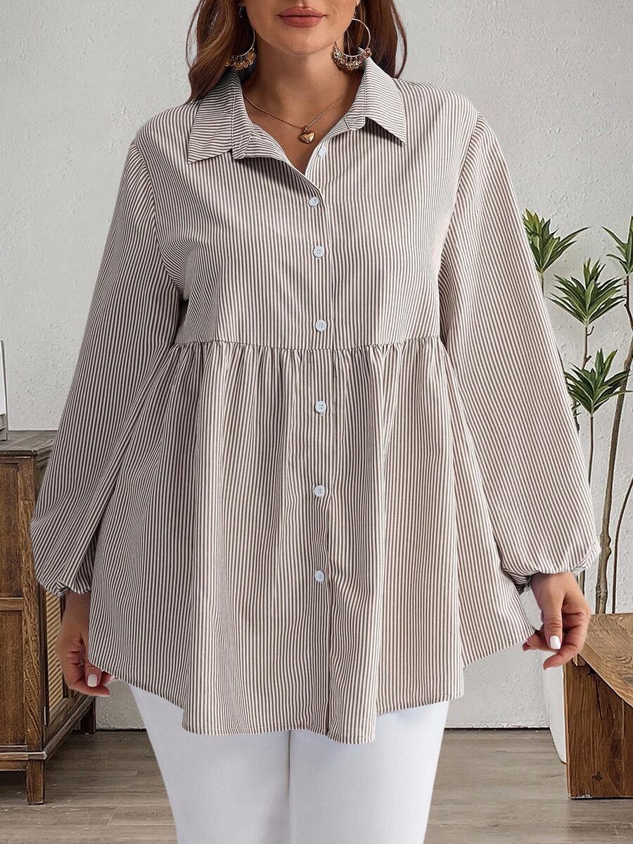 EMERY ROSE 大码冬季女式休闲条纹灯笼袖衬衫，秋季度假女装/女士秋季度假装 - 棕色 - 查看 1