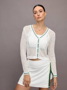 Activina Damski sweter dzianinowy z kontrastowym wykończeniem i wycięciami