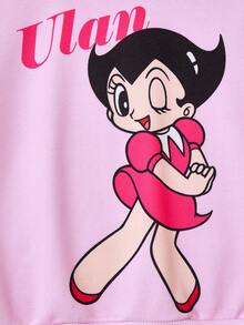 Astro Boy X SHEIN Sweat-shirt-shirt en tricot rose ample à manches longues avec épaules tombantes et motif graphique de personnage de dessin animé mignon pour jeune fille
