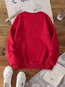 Women's Letter & Cartoon Graphic Crew Neck Long Sleeve Red Thermal Sweatshirt