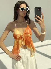 Aloruh 全新花卉和热带印花性感深 V 领露背短款上衣，适合外出、海滩、度假 - 黃色 - 查看 6