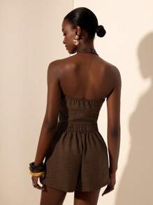 Zivah 2025 Summer New Arrival Music Festival, Birthday Party, Graduation, Student, Daily Casual, Basic Versatile, Leisure, Cruise Travel, Beach, Sunbathing, Viral , Elegant, Commute, Halter Neck, Sexy Backless, Front Button, Ruffle, Dual-Tone Bamboo Fiber, Linen, Coffee Brown Set - Coffee Brown - View 2