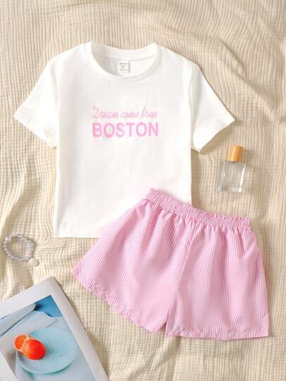 SHEIN 青少年女孩简约字母印花圆领短袖 T 恤和条纹短裤休闲舒适两件套睡衣套装