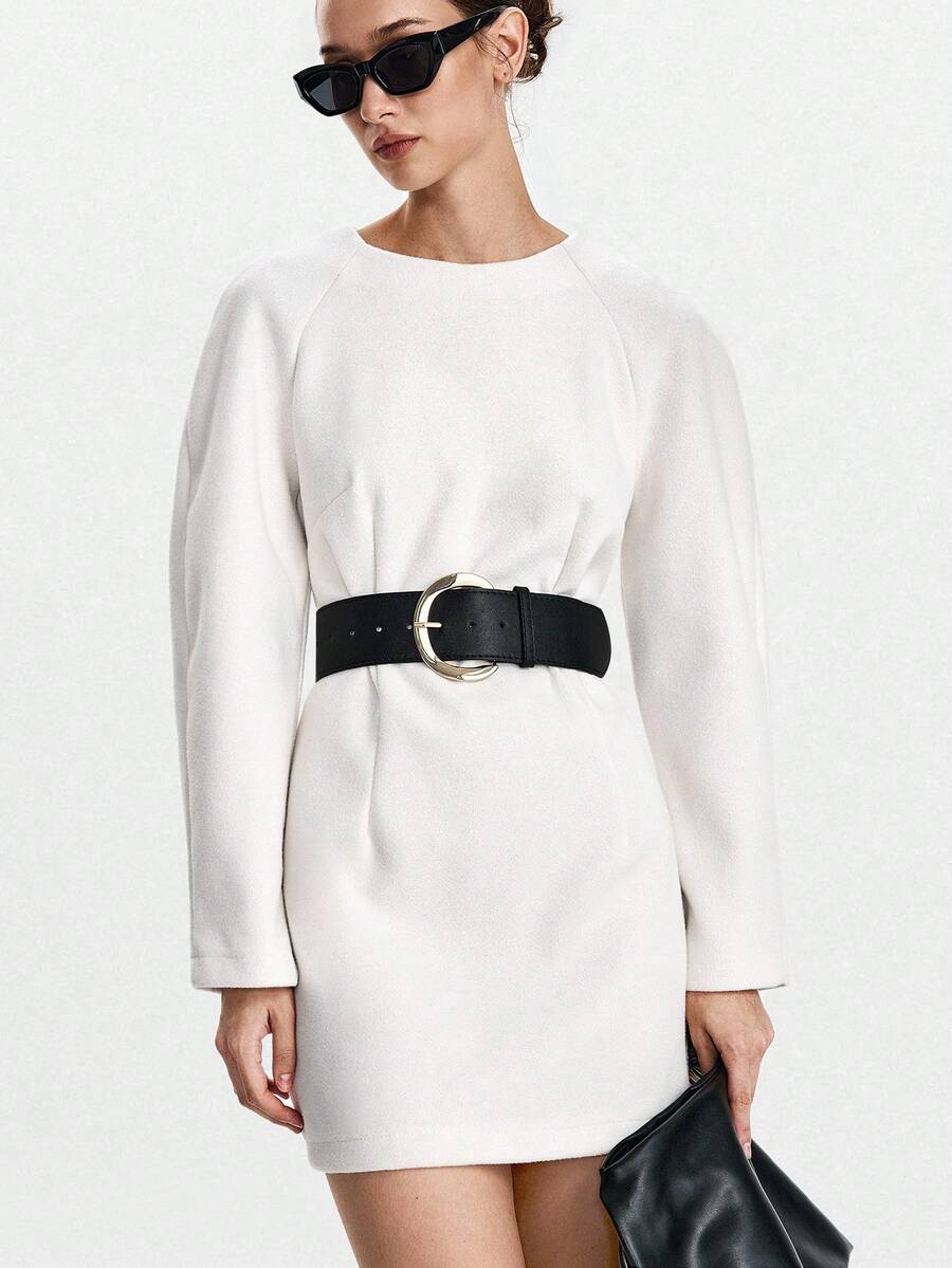 Lumivelle Elegant Casual Loose Long Sleeve Round Neck Mini Dress Fall Cloth For Women - White - View 1