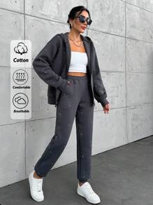 EURMUSE DARK GREY OVERSIZE SWEATSHIRT AND SWEATPANT WITH RHINESTONE DETAIL - Dark Grey - View 1