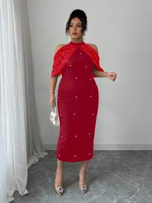 Elenzga Plus Size Women Cold Shoulder Metallic Foil Sleeveless Bodycon Dress, Elegant And Chic - Red - View 4