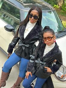 SHEIN Tween Girl Solid Color Long Sleeve Casual Oversized Collar PU Patchwork Fleece Drawstring Waist Jacket Coat (2 Piece Set Sold Separately), Autumn/Winter Outerwear, PU Jacket Coat Mommy And Me Matching Outfits - Black - View 9