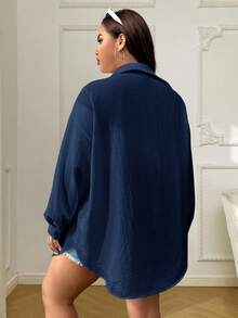 SHEIN EZwear 大尺碼女款休閒百搭海軍藍襯衫，秋季 - 藏蓝色 - 查看 2