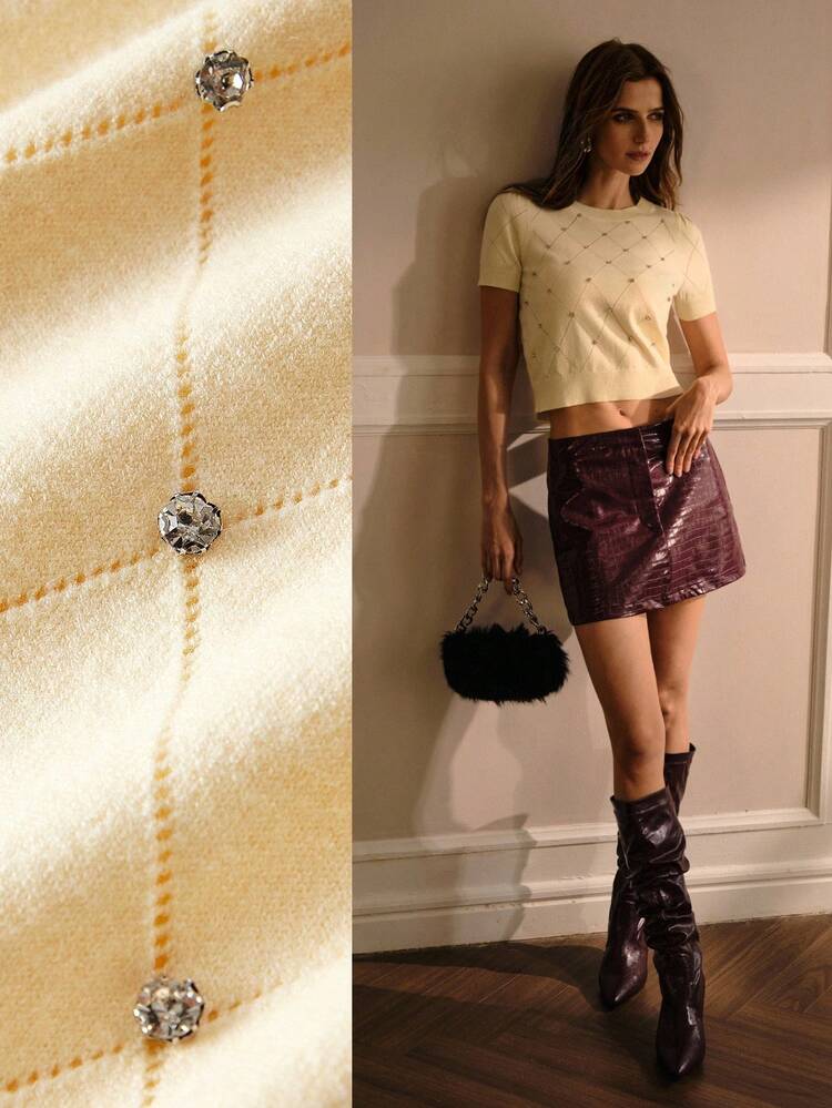 모조 다이아몬드 반소매 니트 탑 니트 풀오버 가을 겨울