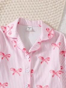 SHEIN Bộ đồ ngủ tay dài họa tiết nơ hồng dễ thương cho bé gái - Hồng - Xem 4