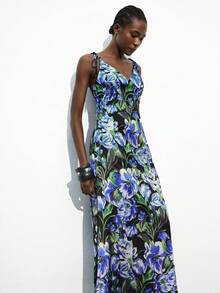 Maija 女式 U 领系带腰优雅花卉印花缎面长裙，休闲度假连衣裙，适合通勤、商务、办公室、教师、万圣节、圣诞派对、海滩度假 - 紫色 - 查看 6