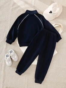 SHEIN Playful Pals Boys Casual Embroidered Contrast Stripe Zip-Up Top And Sweatpants Set, Autumn/Winter Fall