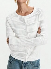 Lumivelle Women's Elegant Fashion Minimalist Versatile Fitted Crew Neck Textured Ruffle Collar Cardigan Sweater, Autumn/Winter Fall Cloth For Women - White - View 2