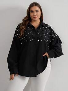 RueChic Cottnline Pearls Beaded Drop Shoulder Shirt - Black - View 6