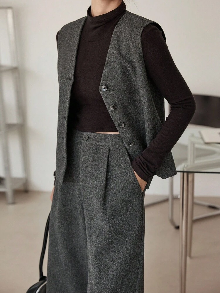 2pcs Women's Loose Business Casual Dark Floral Gray Vest And Straight Leg Pants Suit Set, Autumn/Winter