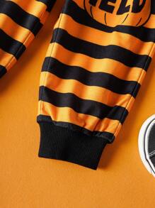 GARFIELD | SHEIN 3pcs Baby Boy Cute Halloween Pattern Round Neck Long Sleeve Bodysuit, Striped Long Pants, And Knit Hat Soft & Comfortable Set - Black - View 5
