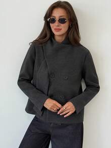 Aloruh Mantel Wanita Minimalis Serbaguna dengan Kerah Pita, Dapat Dibalik, dan Saku, Warna Abu-abu untuk Musim Gugur/Dingin - Dark Grey - View 3