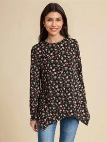 SHEIN LUNE Women's Floral Allover Print Round Neck Long Sleeve Casual T-Shirt Going Out Tops Women Spring Clothes - Black - View 8