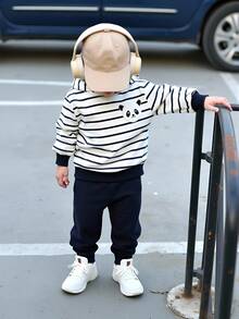 2pcs Toddler Boys Panda Striped Outfit, Hoodie Design, Black & White Striped Top With Cute Panda Applique, Navy Casual Pants, Suitable For Daily Wear, Outings, Vacations, Family Gatherings, Baby Boy Clothing, Infant Autumn/Winter Outfit, Baby Boy Set, Infant Autumn/Winter Boy Clothes, Baby Boy Panda Outfit Baby Boy Striped Hoodie Set Baby Boy Casual Set Infant Boys Outfit Baby Boy Clothes Fall - Multicolor - View 3