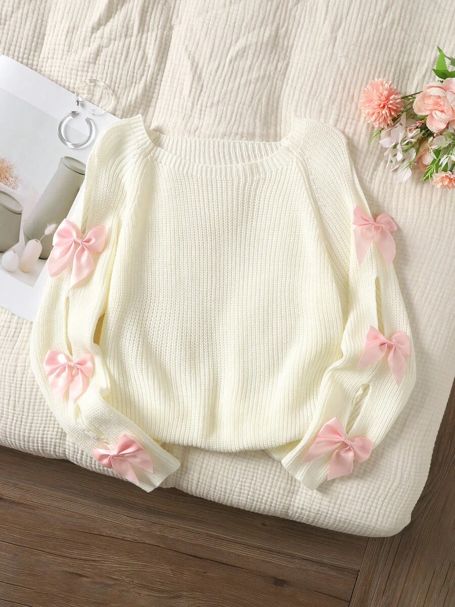 SHEIN 青少年女孩休闲圆领长袖镂空蝴蝶结针织毛衣，秋冬 - 白色 - 查看 1