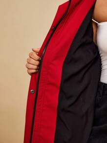 SHEIN VCAY 大码女式户外徒步防水连帽收腰长袖口袋夹克，适合秋冬季，红色 - 紅色 - 查看 12