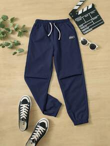 SHEIN 青少年男孩抽绳腰部口袋贴布休闲裤 - 藏蓝色 - 查看 3