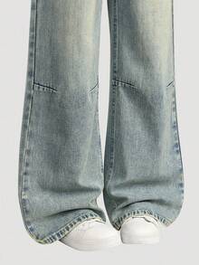 SHEIN Sparklyn Jeans anchos de pierna recta con diseño de pespunte de contraste amarillo y lavado azul, de ajuste holgado, para niñas. Adecuados para salidas casuales y uso al aire libre en primavera, otoño e invierno