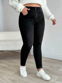 RueChic 97% CottonWOMEN PLUS SIZE SKINNY HIGH WAIST JEANS - Black - View 4